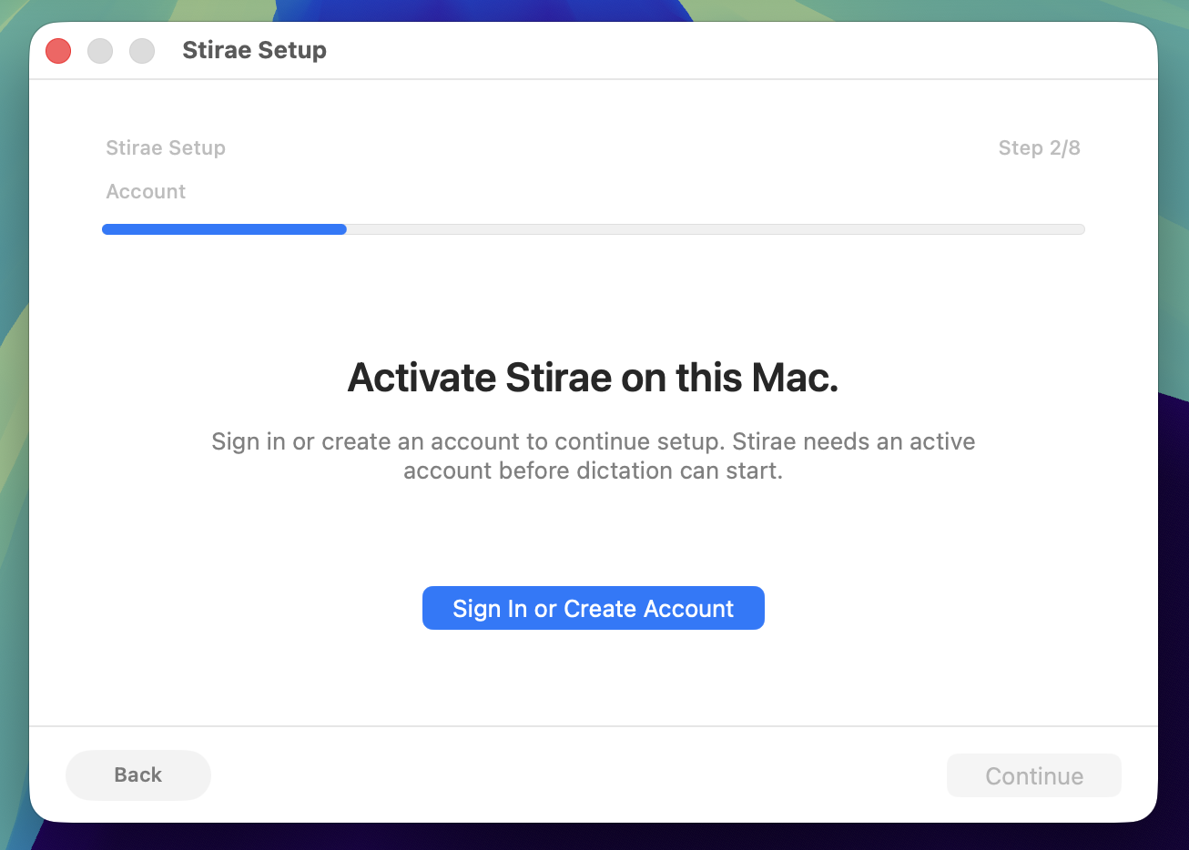 Setup: Sign in screen